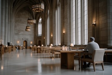 Elderly caucasian male reading in grand library with gothic architecture and large chandeliers