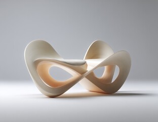 Abstract cream-colored seat, curved lines forming loops create its shape. The minimalist design has a gentle, flowing, sculptural form, placed against a simple gradient background