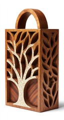 Wooden box with handle and laser-cut tree/leaf pattern, light shining through a grainy paper backing. Detailed woodwork on a white background, casting a shadow