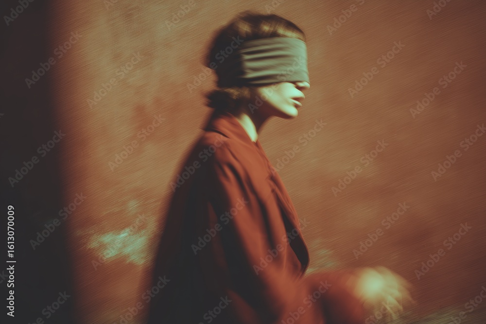 Poster blindfolded figure exploring a dimly lit space with vibrant colors and textured walls during an arti