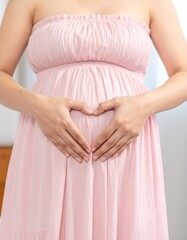 A pregnant woman wearing a soft pink dress gently forms a heart shape with her hands over her belly, symbolizing love, care, and anticipation for her baby. 