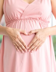A pregnant woman wearing a soft pink dress gently forms a heart shape with her hands over her belly, symbolizing love, care, and anticipation for her baby. 