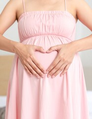 A pregnant woman wearing a soft pink dress gently forms a heart shape with her hands over her belly, symbolizing love, care, and anticipation for her baby. 