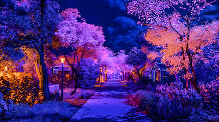 Colorful Night Scene With Trees And Glowing Streetlights