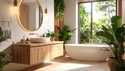 Sunlit bathroom with wood vanity, freestanding tub, and abundant greenery