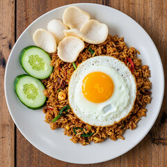 Overhead shot of Nasi Goreng Kampung topped with fried egg, cucumber slices, and krupuk on white plate, placed on rustic wooden table, showcasing traditional Indonesian comfort food.