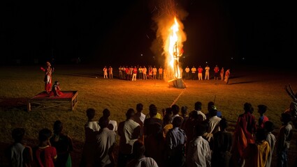 Traditional cultural performance featuring a dramatic fire display, with performers on stage and a captivated audience watching the spectacle under the night sky, creating an electrifying atmosphere