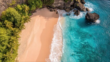Aerial view of a tropical beach with turquoise water gently lapping at pale sand. Lush green vegetation frames the shore with rock outcroppings extending into the bright ocean