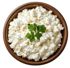 Fresh homemade cottage cheese in a wooden bowl garnished with fresh green parsley transparent background