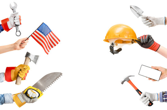 different hands with working tools, american flag and smartphone. on white isolated background