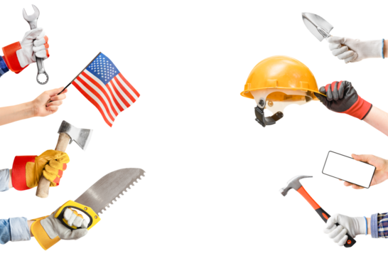 different hands with working tools, american flag and smartphone. on white isolated background