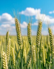 Vibrant green field of barley waving gently in breeze, under bright blue sky with fluffy clouds. Sunny day, idyllic rural scenery. 