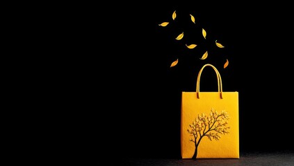 Yellow shopping bag with tree design, and gold leaves falling on black background
