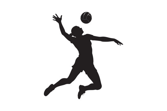 Silhouette of a female volleyball player jumping to spike the ball isolated on a white background showcasing athleticism and competitive spirit in a minimalist design