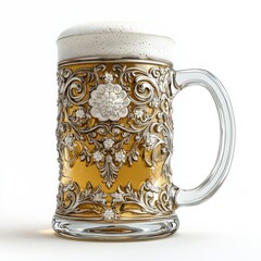 Art Nouveau style depiction of a beer mug, isolate on a white background, highlighting intricate designs and curves.