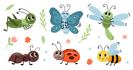 Cute insects set. Dragonfly, bee, butterfly, ladybug, ant, grasshopper. Cute bugs cartoon characters. Happy insects in kids style. Vector.