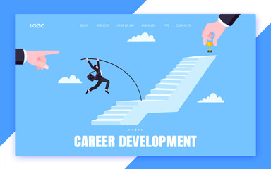 Success career ladder steps path challenge with business goal achievement trophy objective on the top of it business concept flat vector illustration. Office person running onto success career steps.