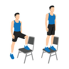 Step Up Chair Exercise Demonstration. Flat vector illustration isolated on white background