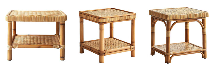 Handcrafted Bamboo End Tables Featuring Intricate Wicker Weaving and Lower Storage Shelves Isolated on Transparent Background