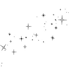 minimalist line art of scattered sparkles and tiny shining stars, elegant black ink lines with soft glow effect style, airy and aesthetic composition on white background
