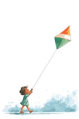 A young Indian boy flies a kite in the colors of the Indian flag: saffron, white, and green. The child is joyful and engaged in the activity. Indian Independence Day.