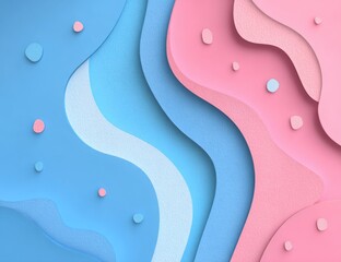 Abstract layered waves. Pastel pink and blue curved shapes with rounded accents create a calming, textured background, reminiscent of paper art