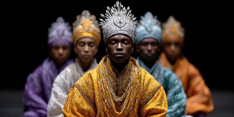 Fototapeta premium African men in traditional regal attire meditating with ornate crowns