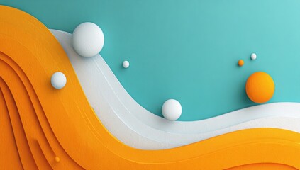 Abstract design with layered orange shapes, white ripples, and scattered white and orange spheres against a teal background. Smooth, minimalist, and visually appealing