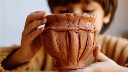 Child meticulously examines a handcrafted clay pot.