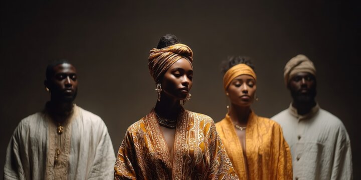 Four african adults in traditional attire with warm lighting