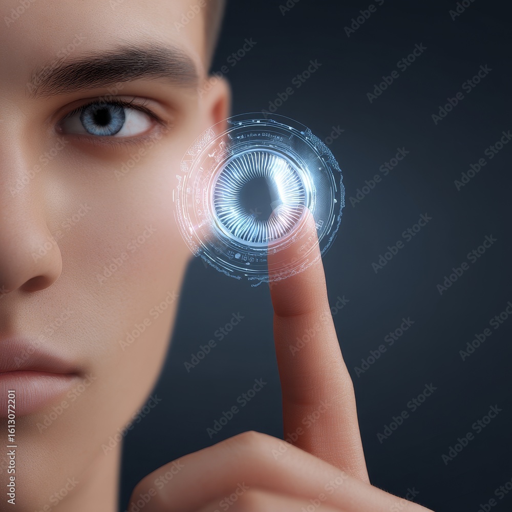Poster futuristic ui interaction with smart contact lens technology in urban environment close-up perspecti