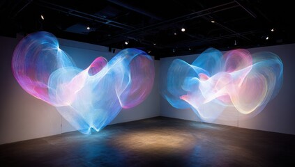 Two abstract, glowing sculptures in an art gallery, appearing as swirling, nebulous forms with soft blue, pink, and white light, create an ethereal, otherworldly presence