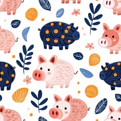 Flat style, seamless pattern, piggy bank, isolated on white background.