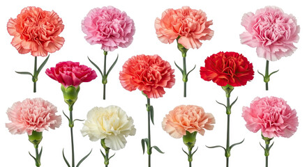 Ai generated image of a collection of colorful carnation flowers isolated on white isolated on transparent background