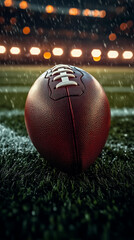 American football ball at stadium with spotlight. Kickoff with brown ball on green grass field, sport game concept