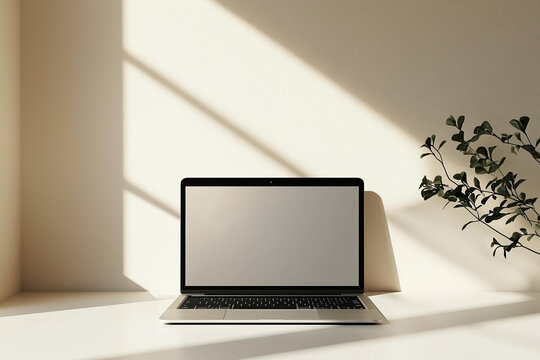 Laptop mockup with blank screen. Modern computer with empty display on cozy office desk, minimalist workspace with open notebook and aesthetic sunlight shadows