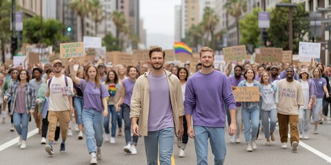 Diverse crowd marching for equality and lgbtq+ rights in urban setting