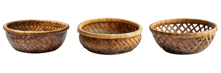 Set of Traditional Handwoven Bamboo Baskets with Weaving Patterns Isolated on Transparent Background