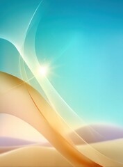 Dreamy landscape. Abstract curves of sand-like forms contrast with a blue, sky-like gradient above. A bright light, like a sun, shines. Fluid lines flow creating a serene, calming effect