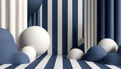 Geometric Scene. Striped blue and white backdrop with textured spheres of different sizes scattered around. Soft cloth drapes add depth to the whimsical, abstract display