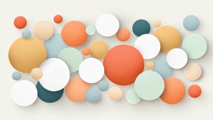 An arrangement of textured, overlapping circles in a pastel color palette against a creamy backdrop. Some circles appear raised, creating depth and shadow