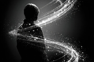Obraz premium Silhouette of a person surrounded by swirling sparkling particles creating a dynamic, ethereal effect on a dark background.
