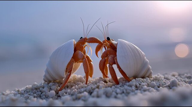 Two hermit crabs interact on a sandy beach at sunset in a picturesque coastal setting