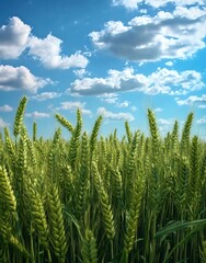 Vibrant green field of barley waving gently in breeze, under bright blue sky with fluffy clouds. Sunny day, idyllic rural scenery. 