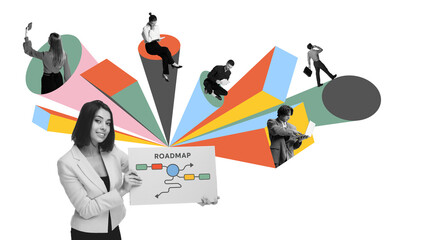 Colorful collage of smiling woman holding roadmap diagram surrounded by hybrid team members on...