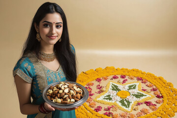 Young woman holding dry fruits plate on Diwali