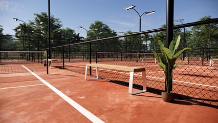 Close-Up of Wooden Bench at Red Clay Pickleball Court with Metal Fence and Floodlights – Sports...