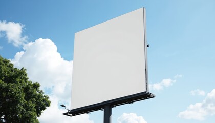 Billboard stands against clear blue sky. Stark white square with black border mounted on sturdy black pole. Green tree contrast with clear sky in top left corner.