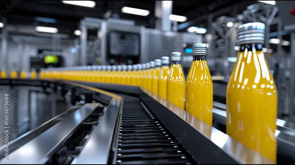 Poster production line processes for bottled juice in a modern factory setting
