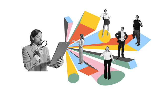 Collage of serious man with magnifier observing expressive people positioned on colorful structures. Concept of HR assessment, soft skills training, hybrid communication, team evaluation.